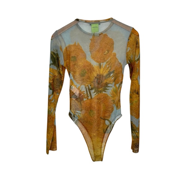 Zara Womens Sunflowers Van Gogh Mesh Bodysuit Sz Medium Yellow Long Sleeve - Picture 2 of 7